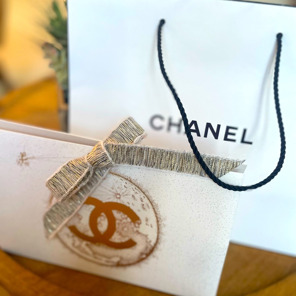 Chanel Gift Bag with Gold and White ribbon Design